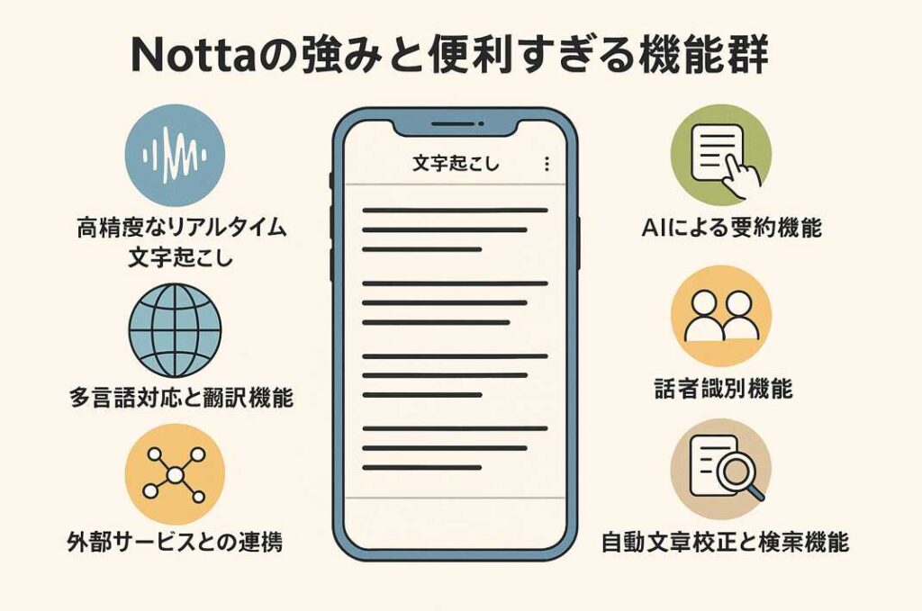 Nottaの主要機能をスマートフォンと6つのアイコンで示したインフォグラフィック画像