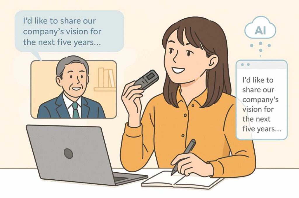 ノートパソコン越しにオンライン取材を行い、AIによる文字起こし機能を活用する若い女性のイラスト