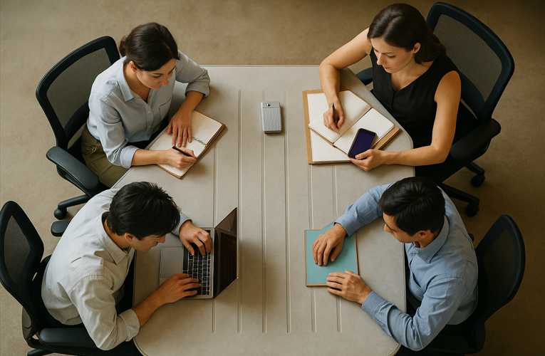 4 人のビジネス プロフェッショナルが近代的なオフィスのテーブルを囲んで会議を行っており、PLAUD NOTE AI ボイス レコーダーの実際の使用状況を示しています。