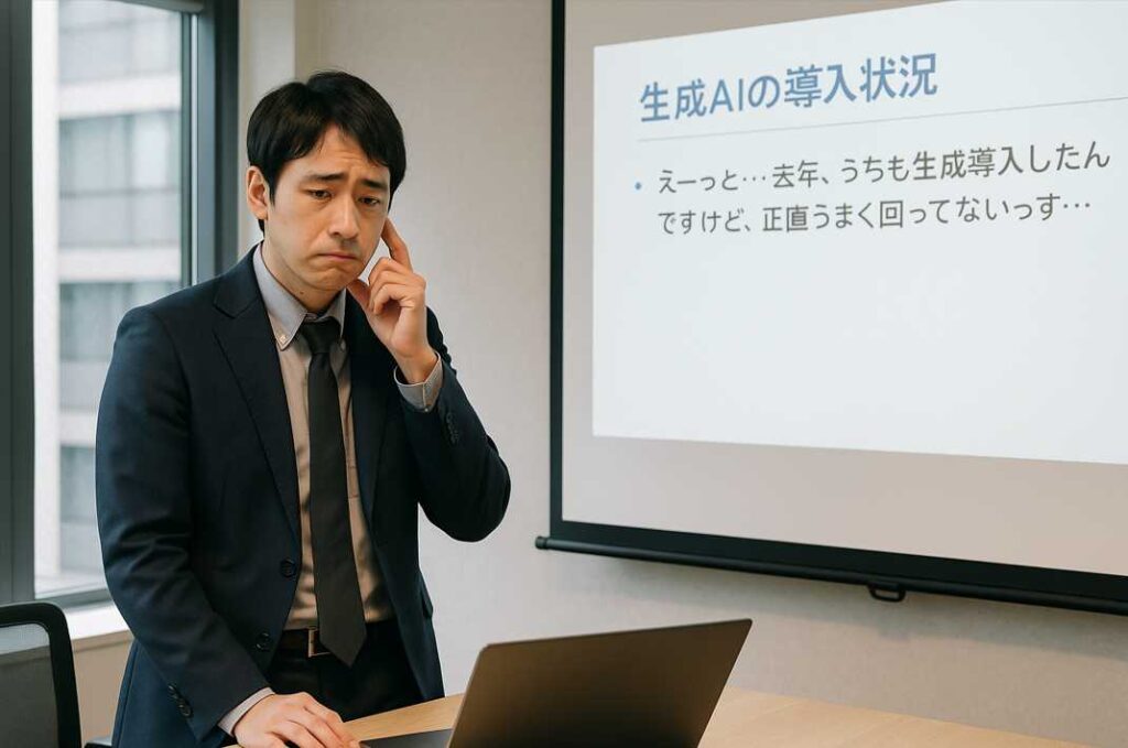 会議室でプレゼン準備中の若い日本人男性が、スライドを見つめながら困惑した表情を浮かべている様子。