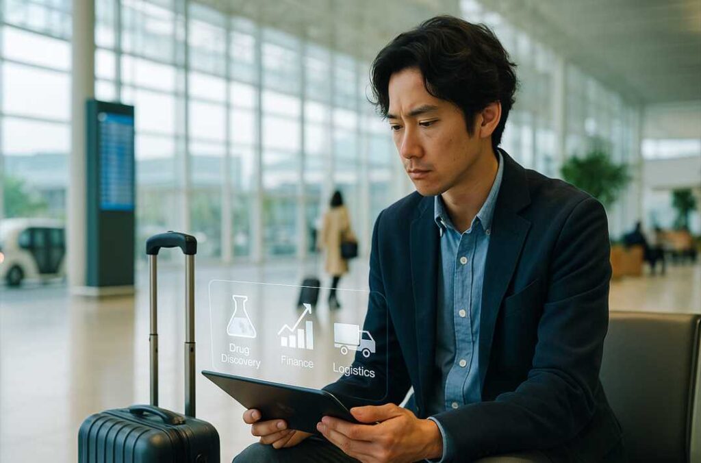 空港での一コマ。量子AIの創薬や金融、物流の応用例の記事を読んでいる様子