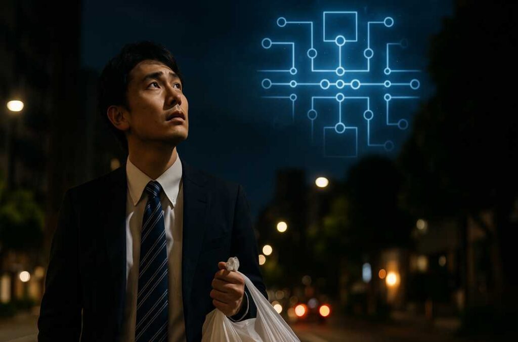 深夜の帰り道で量子AIの期待と懸念を思い浮かべながら帰宅している様子