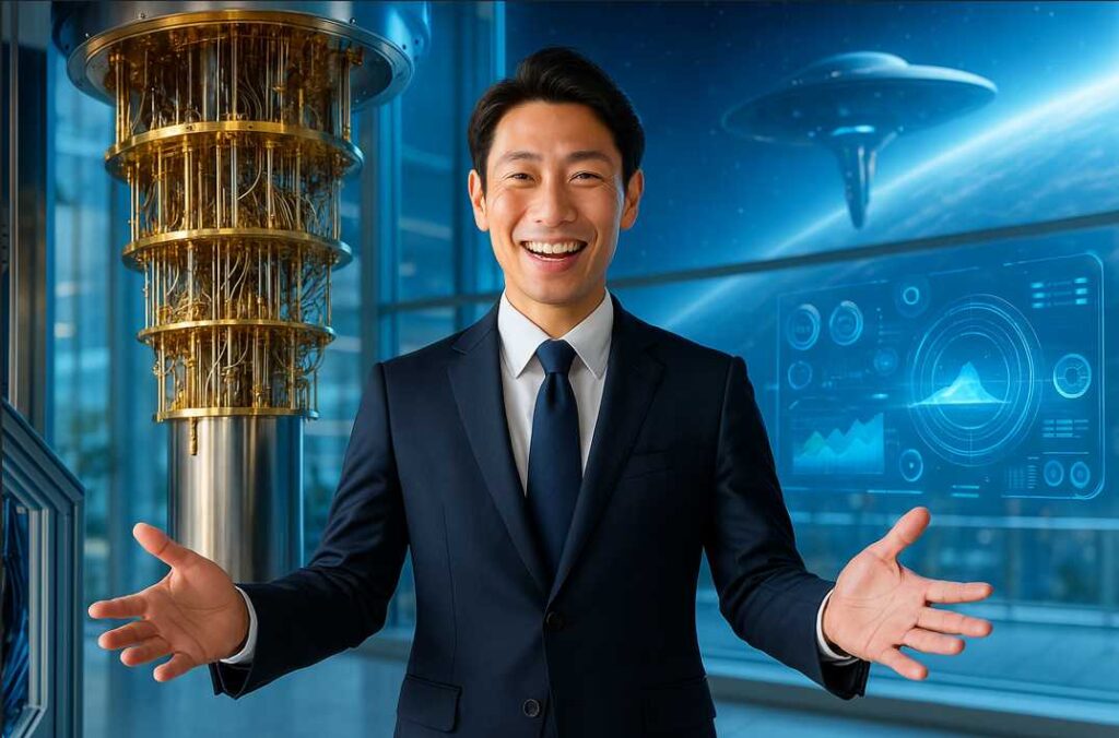 未来の世界に思いを巡らせながら、夢と希望を語る様子。背景には量子コンピューター、未来の街並みと宇宙や衛星、地球が描かれている