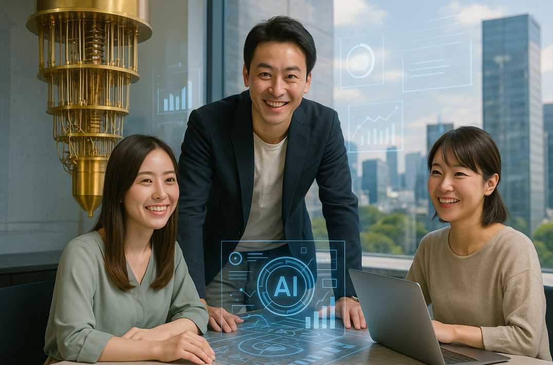 明るいオフィスでAIと量子コンピュータについて話し合う若手ビジネスパーソンたち。