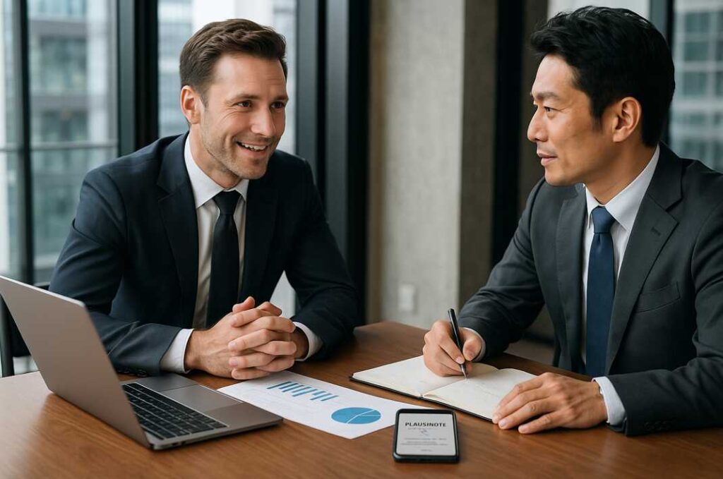 営業マンと外国人ビジネスパートナーが商談中、テーブルのスマートフォンでPLAUD NOTEが会話を文字起こししている様子。緊張感と信頼感が同居する大規模な商談シーン。
