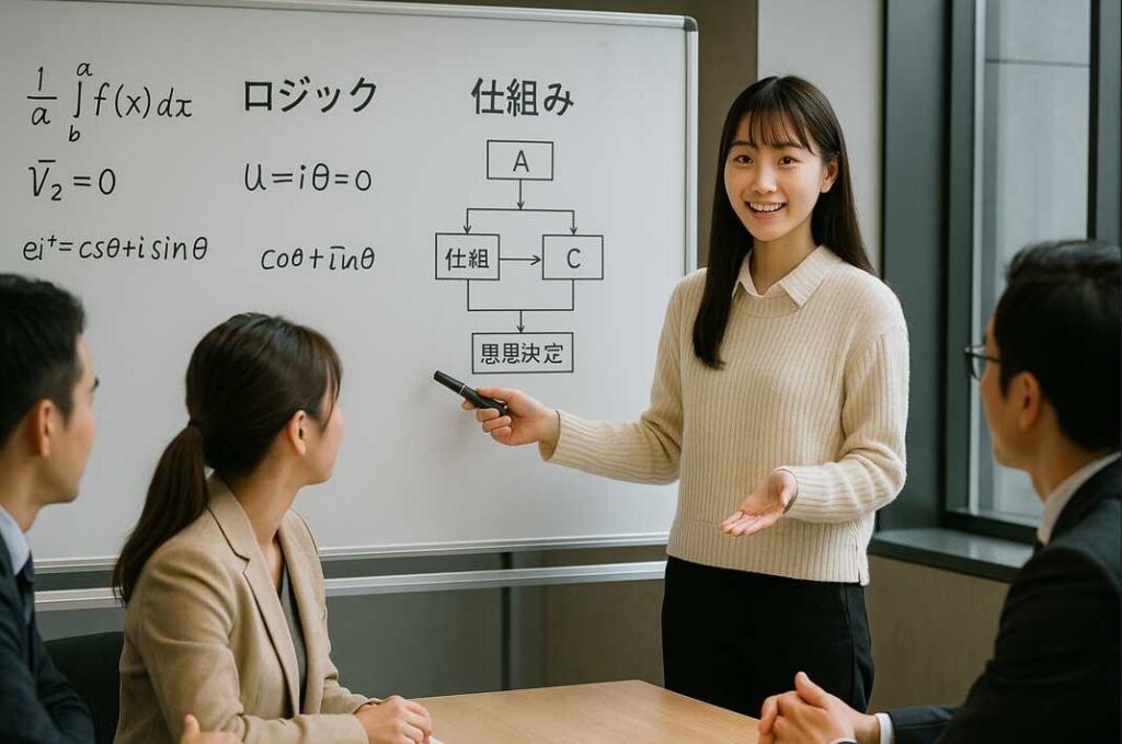 女子学生が会議室で論理図と数式を使ってプレゼンを行っている様子