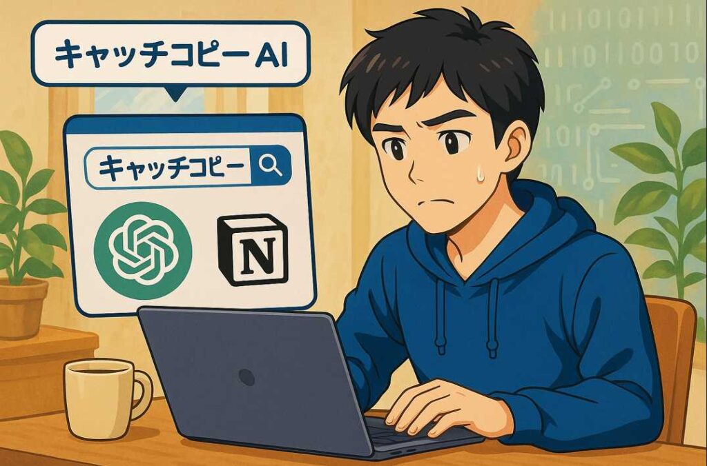 ChatGPTやNotion AIを検索しながら悩む男性のアニメ風イラスト(AIライティング)