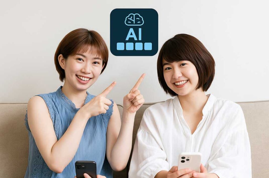 AIチャットツールを選ぶ読者に「目的に合ったAIチャットを選ぼう」と笑顔で提案する2人の女性。スマホを手にしながら画面の向こうに親しみを込めて語りかけている様子。