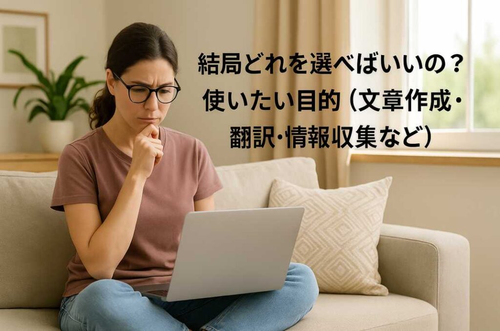 AIチャットツールの選び方に悩む女性が、落ち着いたリビングでノートパソコンを見つめながら真剣に比較検討している様子。