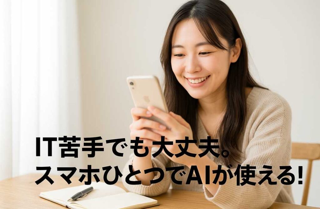 スマートフォンを持った女性が、笑顔でAIチャットツールの使い方を確認している様子