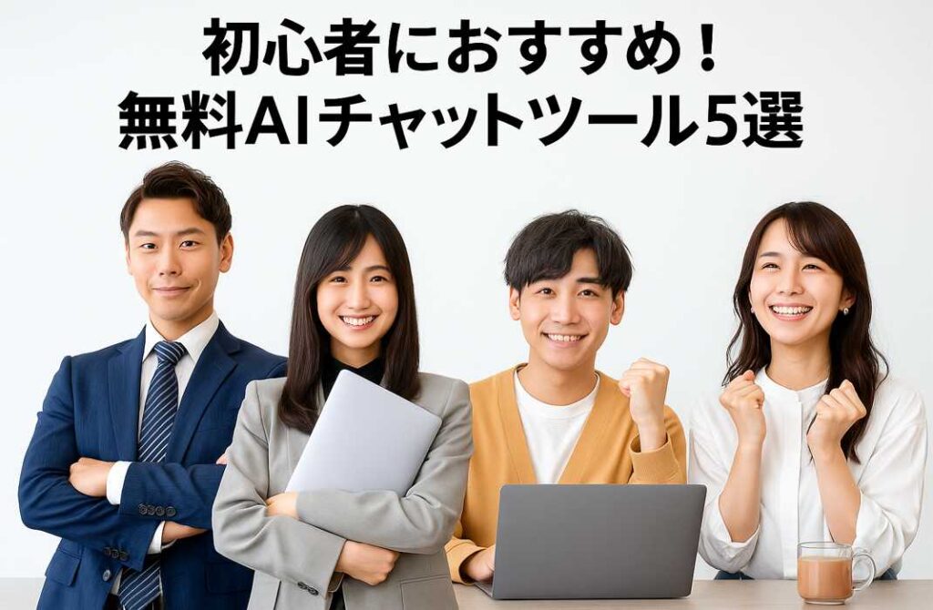 スーツ姿の男女と私服の若者が、無料AIチャットツールに期待しながら微笑んでいる様子