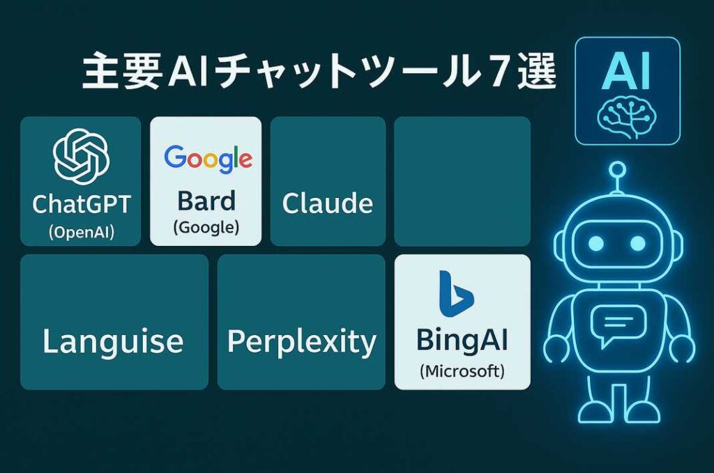主要AIチャットツール7種を紹介する図表に、右上にAIアイコン、右下に青く光るチャットボットが配置されている未来的な構成。