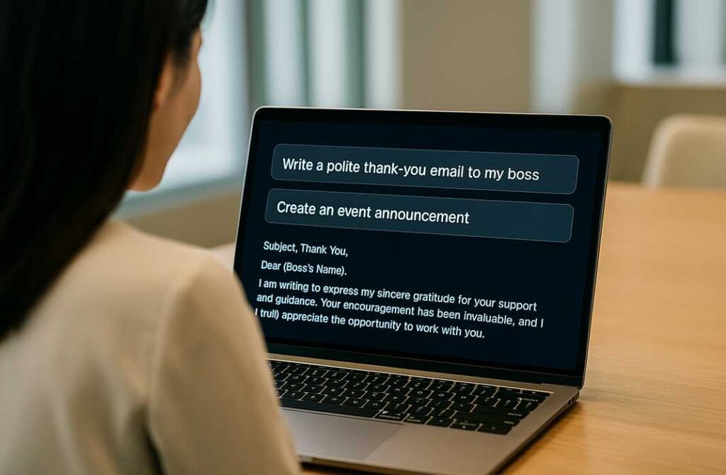 女性が、ノートパソコンで「上司へのお礼メール」や「イベント告知文」をAIに依頼し、英語で生成された文章を画面で確認している様子。