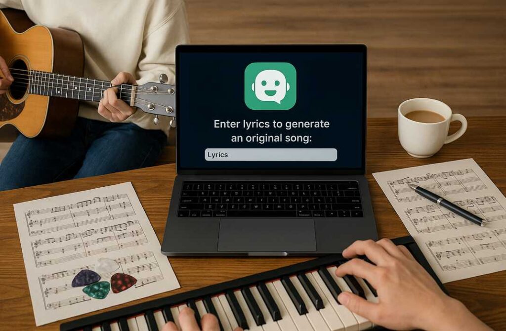 ギター演奏とキーボード操作を通してAIに歌詞を入力し、曲を生成するクリエイティブな瞬間
