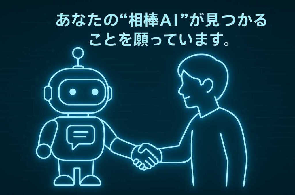 ネオンブルーに光るAIチャットボットと人物が握手している様子。人とAIが信頼関係を築き、未来のパートナーとして共存する瞬間を描いている。