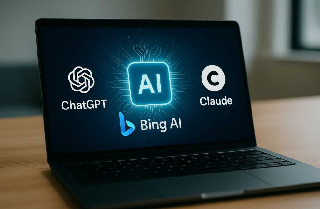 ノートパソコンの画面に、ChatGPT・Bing AI・Claudeのロゴが表示され、AIについて学んでいる様子が描かれている。