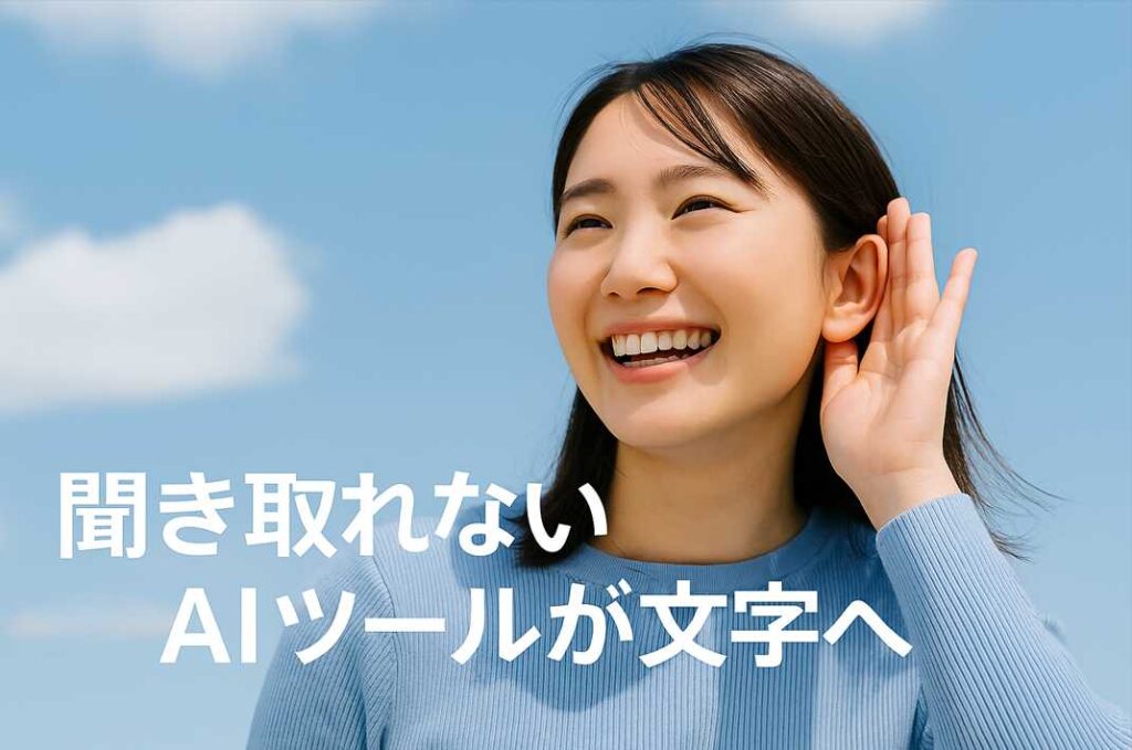 晴れた空の下、耳に手を当てて笑顔を見せる若い女性と、「聞き取れない ― AIツールが文字へ」というテキスト。
