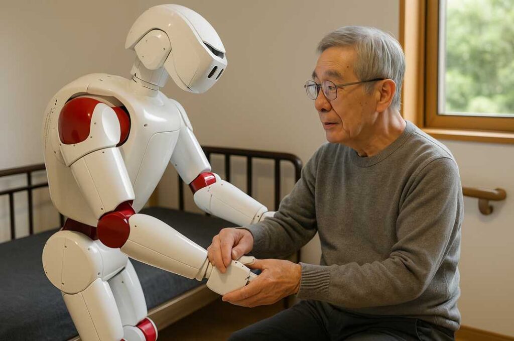 早稲田大学が開発中の介護支援ロボットAIRECが、高齢男性の体位変換をサポートしている様子