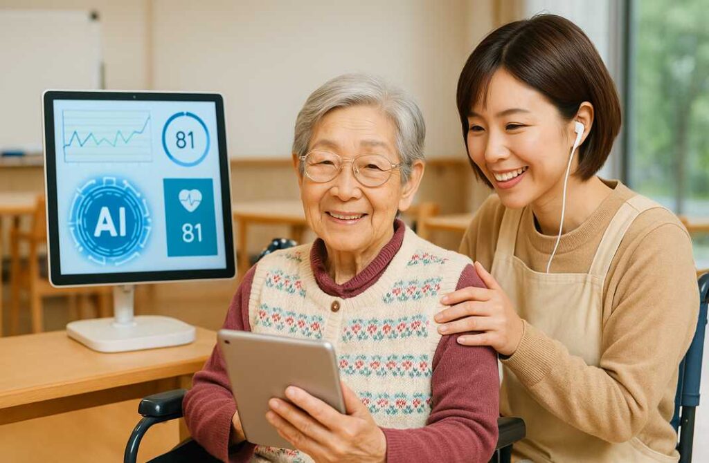 介護施設で若い女性介護士が高齢女性と共にタブレットを操作し、隣のモニターにAIによるバイタル管理が表示されている様子