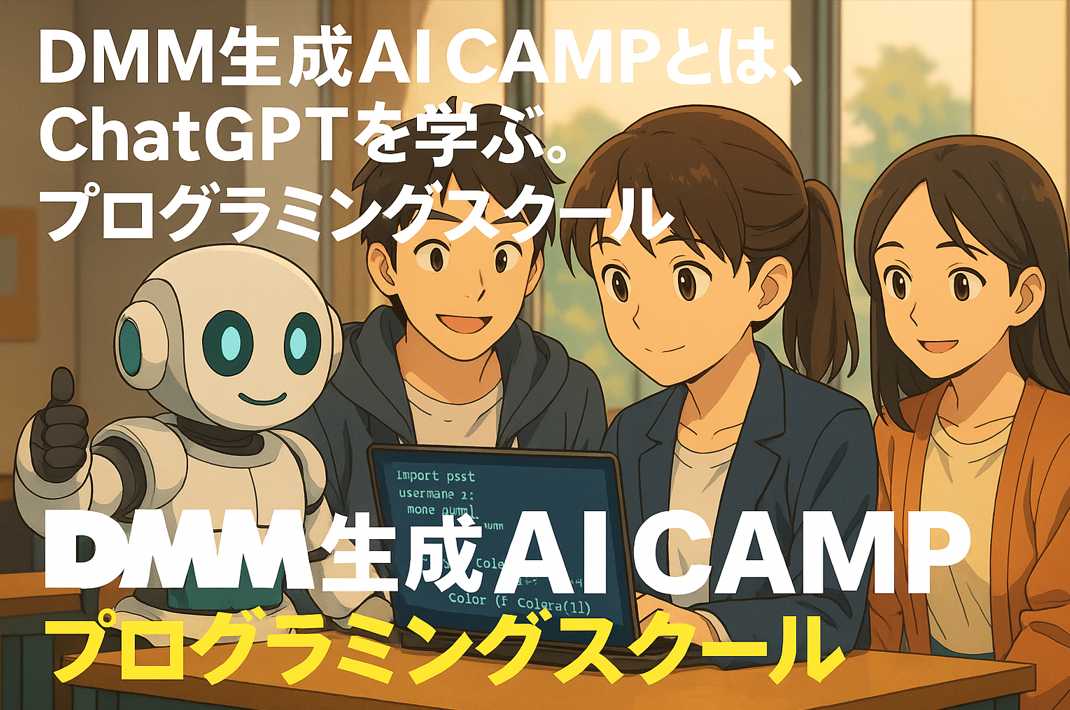 DMM生成AI CAMPでChatGPTの使い方を学ぶ学生たちが、ロボットと一緒にノートPCを見ながら楽しく学習している様子