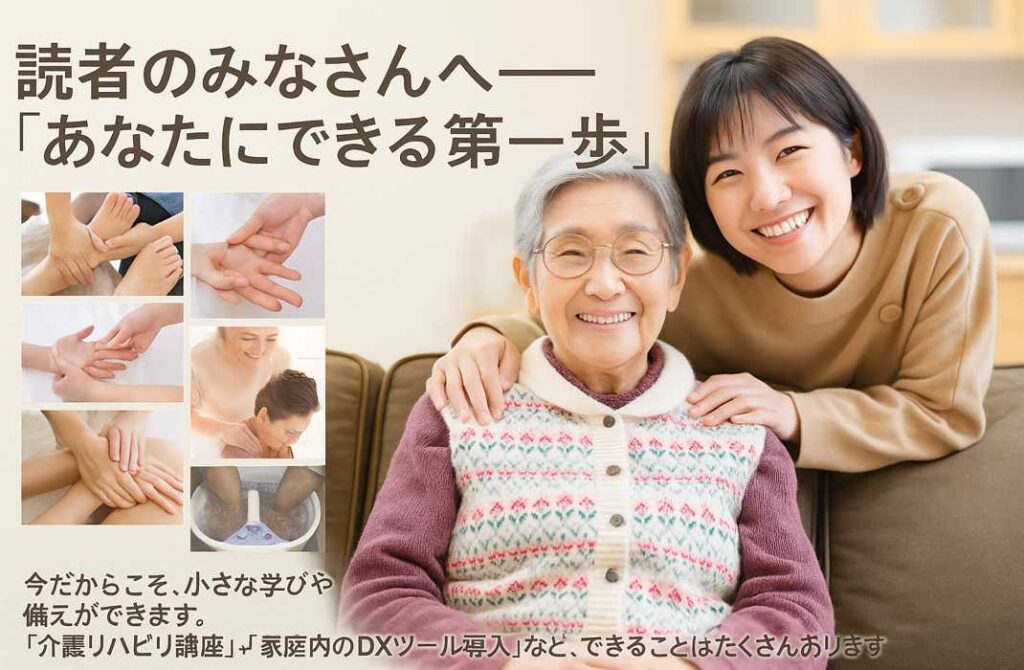 高齢女性と笑顔の若い女性が寄り添う様子と、ハンド・フットケアや家庭ケアを示す複数の介護リハビリ風景