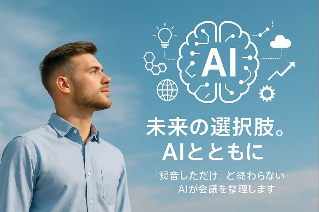 青空の下、前を見つめる若い男性の横に、AIの脳を模した未来的なグラフィックが描かれ、「未来の選択肢。AIとともに」の文字が添えられている。