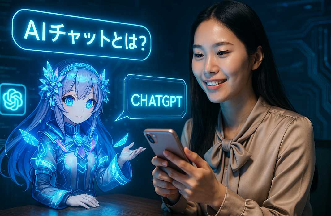 スマホを持った女性が、ホログラムのAIキャラクターと会話している未来的な空間。光る文字とキャラクターが浮かぶ様子に驚きと興味が見える。