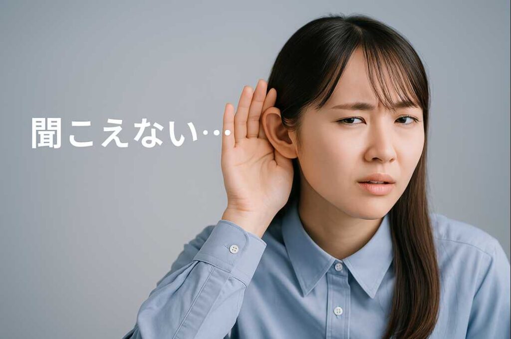 耳に手をあてて聞き取ろうとする若い女性の表情。「聞こえない…」という日本語テキストが表示されている。