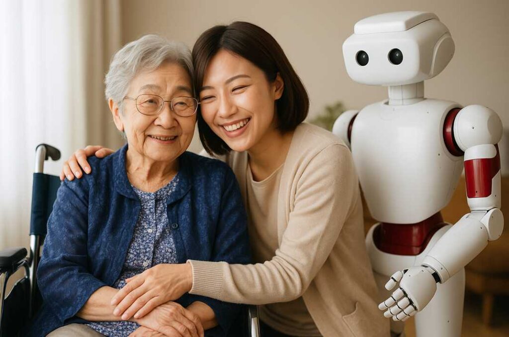 高齢女性と若い介護士が笑顔で寄り添い、後ろに介護ロボットが見守る未来的で温かな介護の光景