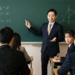 高校の授業中、黒板の前で話す男性教師と、それを真剣な表情で見つめる女子生徒たちの様子。内容は聞こえていても意味が届かないような空気が伝わる一瞬。