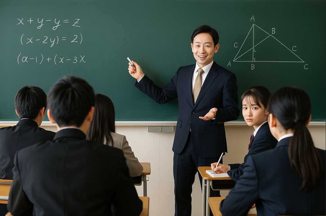 高校の授業中、黒板の前で話す男性教師と、それを真剣な表情で見つめる女子生徒たちの様子。内容は聞こえていても意味が届かないような空気が伝わる一瞬。