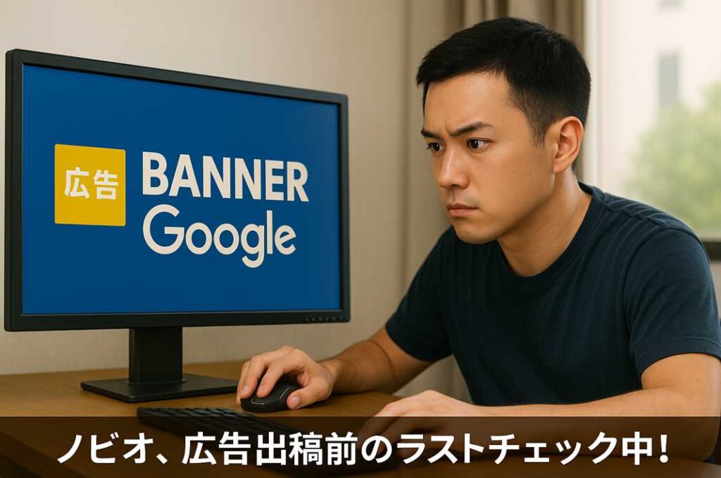 デスクトップ画面に表示されたGoogle広告バナーを真剣な表情で確認している様子