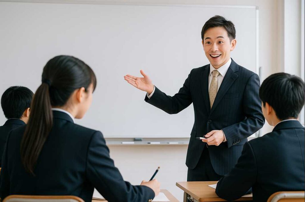 高校の教室で男性教師がホワイトボードの前で話す中、生徒たちが真剣に聞き入りながらノートを取っている様子。集中して聞き取ろうとする空気感が伝わる。