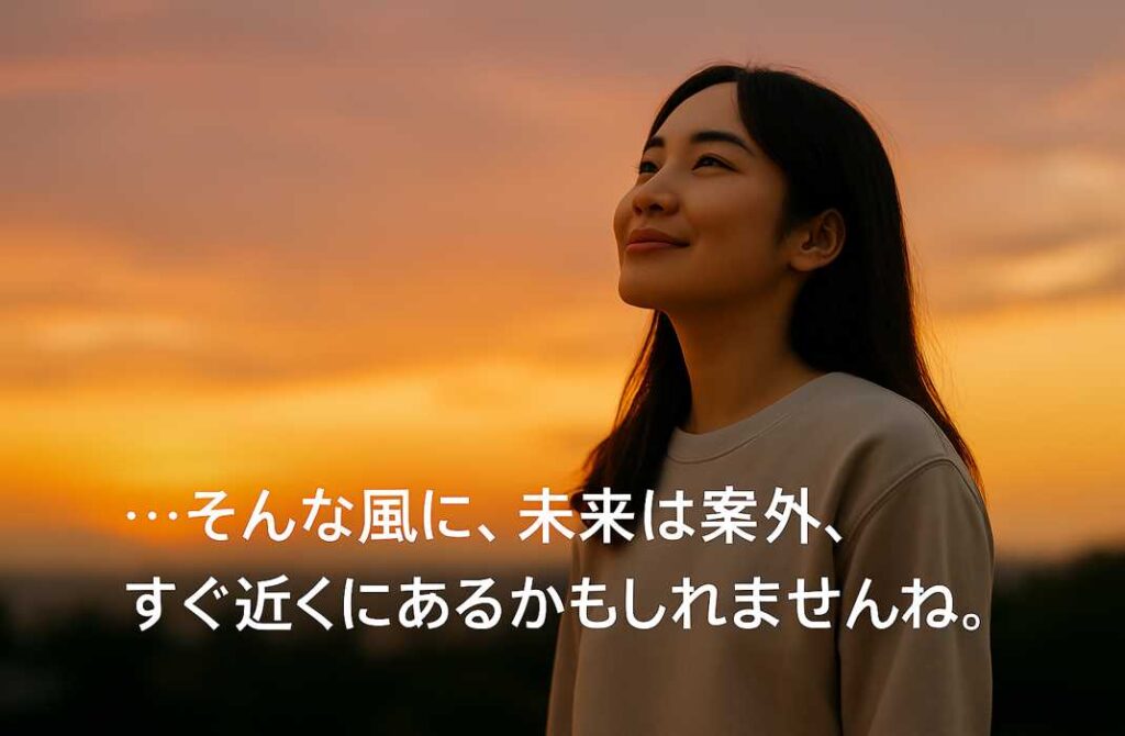 夕焼けの空を背景に未来を思い描くように微笑む女性の静かな横顔