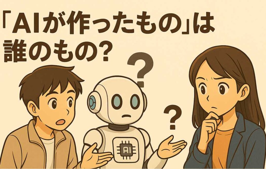 AIが作ったコンテンツの所有権について考える若者とロボット