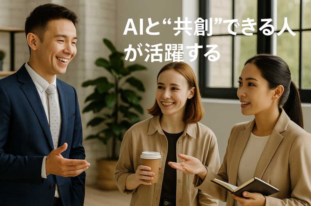 AIと共創する未来の働き方を象徴するビジネスパーソンの横長バナー写真