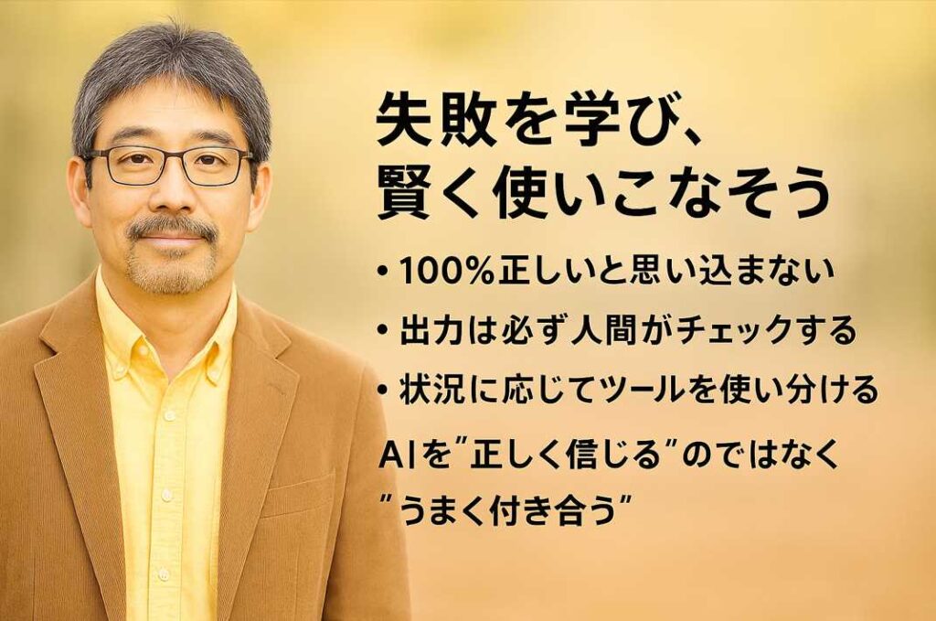 自然光の中、ChatGPTの使い方を振り返る中年男性と、AIを賢く使うための3つの心得を示したまとめ画像