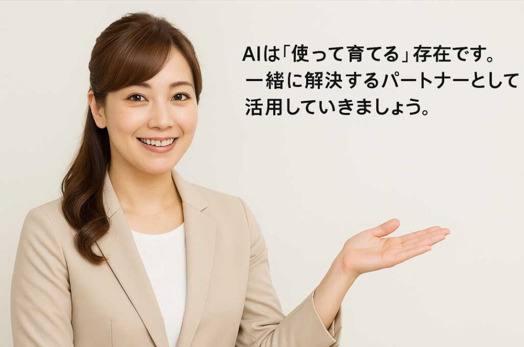 ノートパソコンの前に座る日本人女性講師が微笑みながら、AI活用のメッセージを伝えている画像