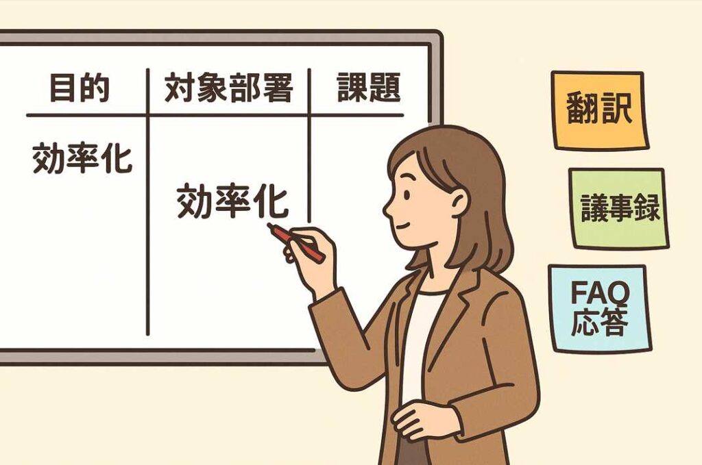 オフィスで女性社員がホワイトボードに「目的・対象部署・課題」と記入しながら、翻訳や議事録などの業務整理を進めている様子。