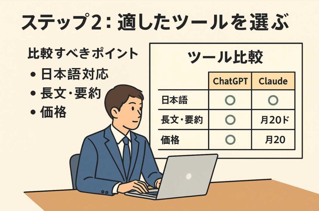 ビジネスマンがノートパソコンを操作しながら、ChatGPTとClaudeの機能比較表を確認している様子。日本語対応、長文処理、価格が並べられている
