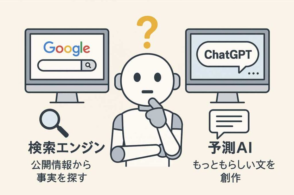 検索エンジンとChatGPTの違いに戸惑うロボットが、情報取得の仕組みを比較する場面