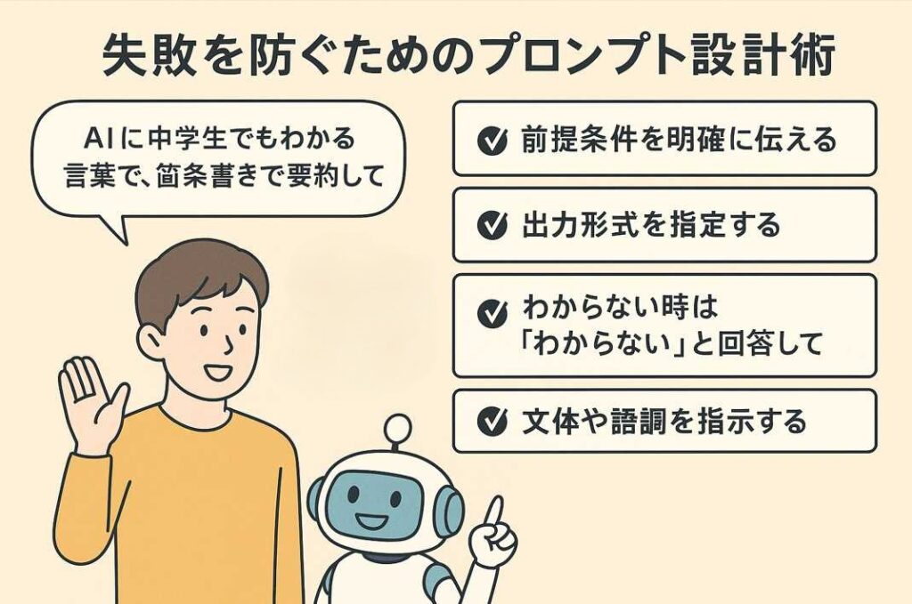 AIに明確な指示を出す男性と、理解して応えるChatGPT風ロボットの会話図解。