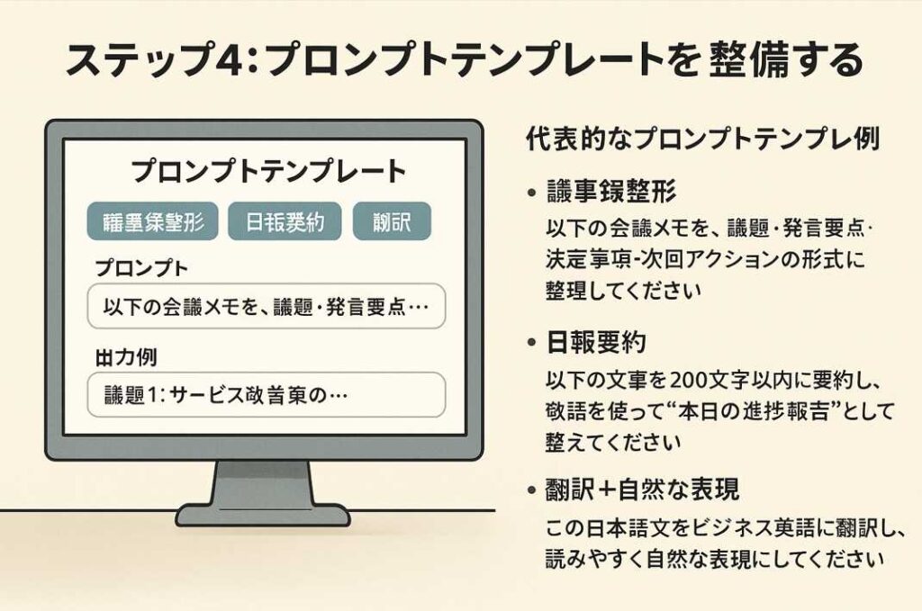 AIプロンプトテンプレートの画面に、議事録整形・日報要約・翻訳の指示と出力例が表示されているモニターのイラスト