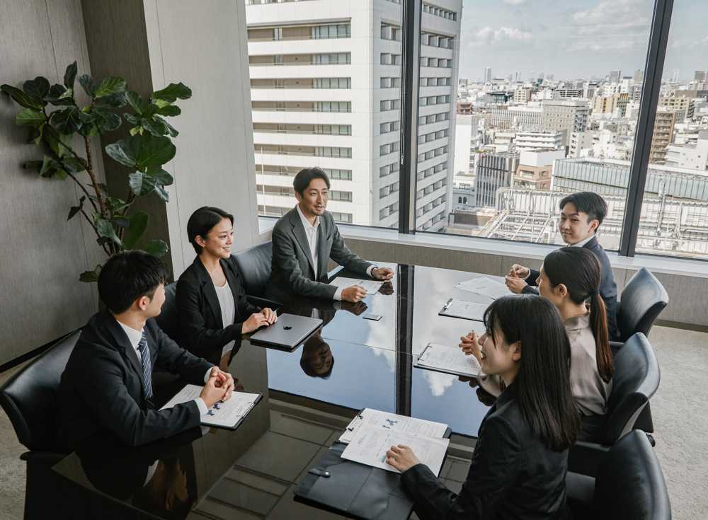会議室で6人が打ち合わせをする様子(机中央に端末を置く運用イメージ)