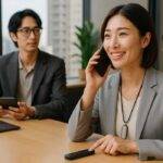 会議室でスマホ通話しながらPLAUDデバイスを短押しするビジネスパーソン(Press to Highlightの利用シーン)