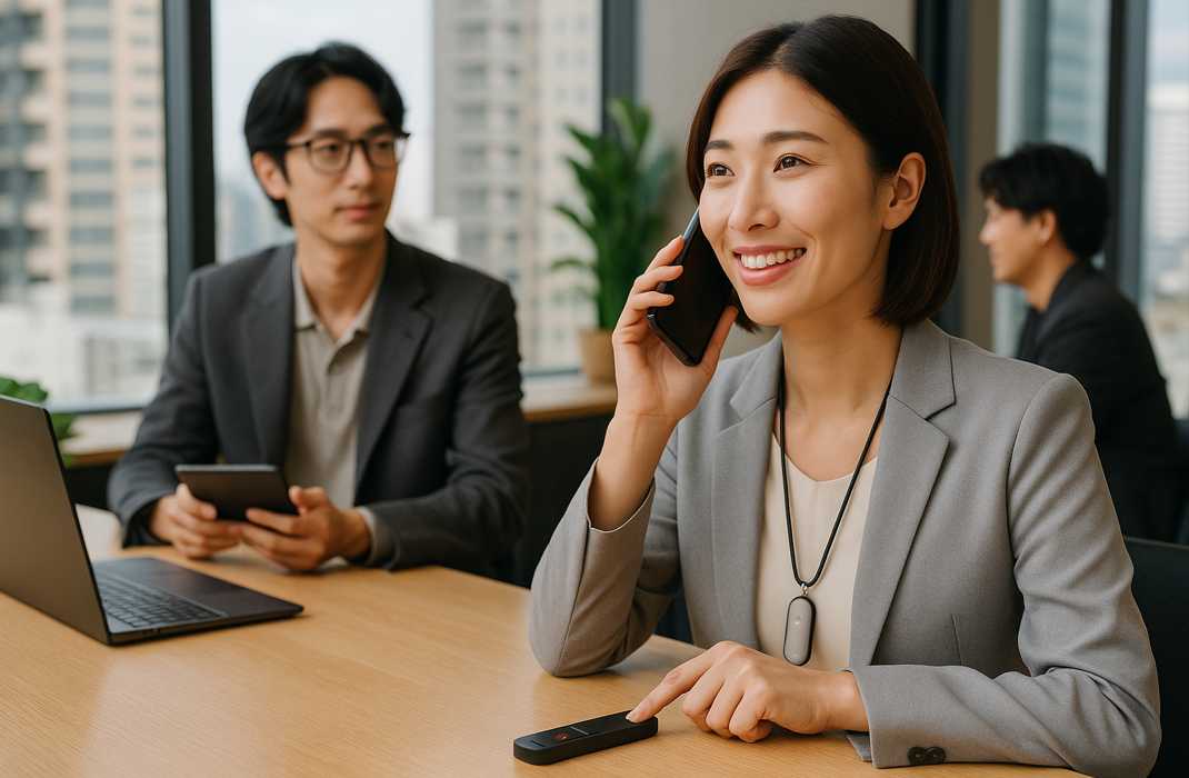 会議室でスマホ通話しながらPLAUDデバイスを短押しするビジネスパーソン（Press to Highlightの利用シーン）